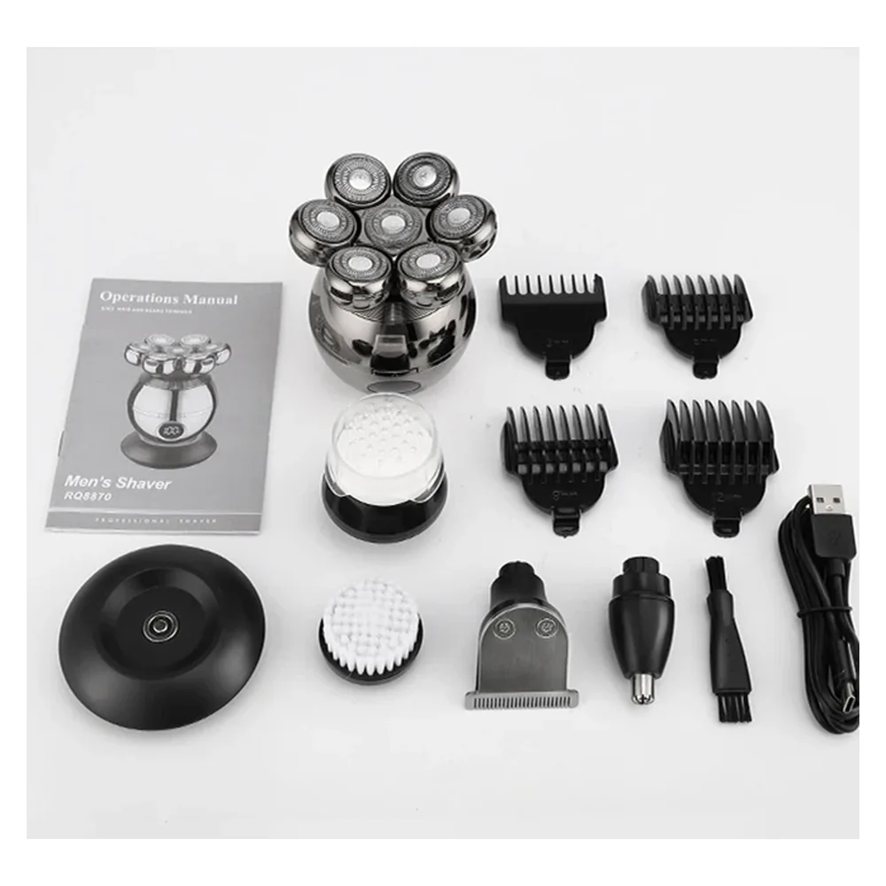 Le kit 5 en 1 à plat : rasoir, tondeuses, sabots, brosses, socle et câble